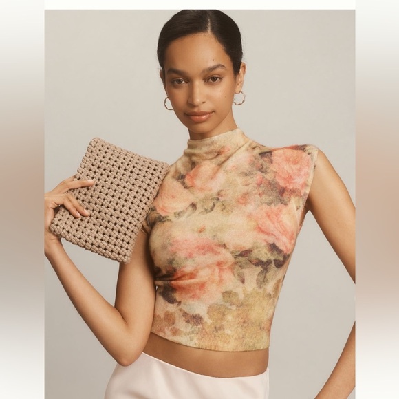 NWT new by Anthropologie cap sleeve mock neck cashmere sweater top XXS floral - Picture 12 of 15